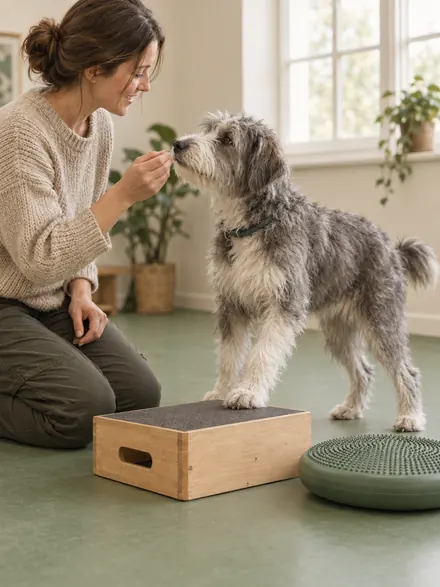 A caregiver guiding a dog through a learning activity