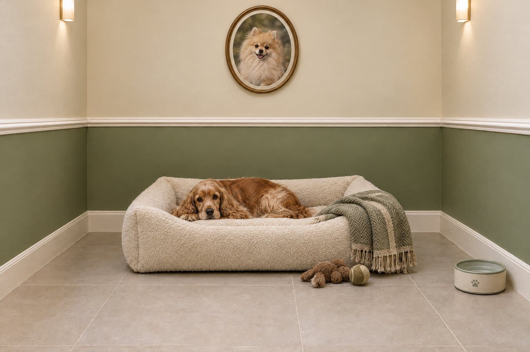 A cocker spaniel resting on a large bed in a Deluxe room