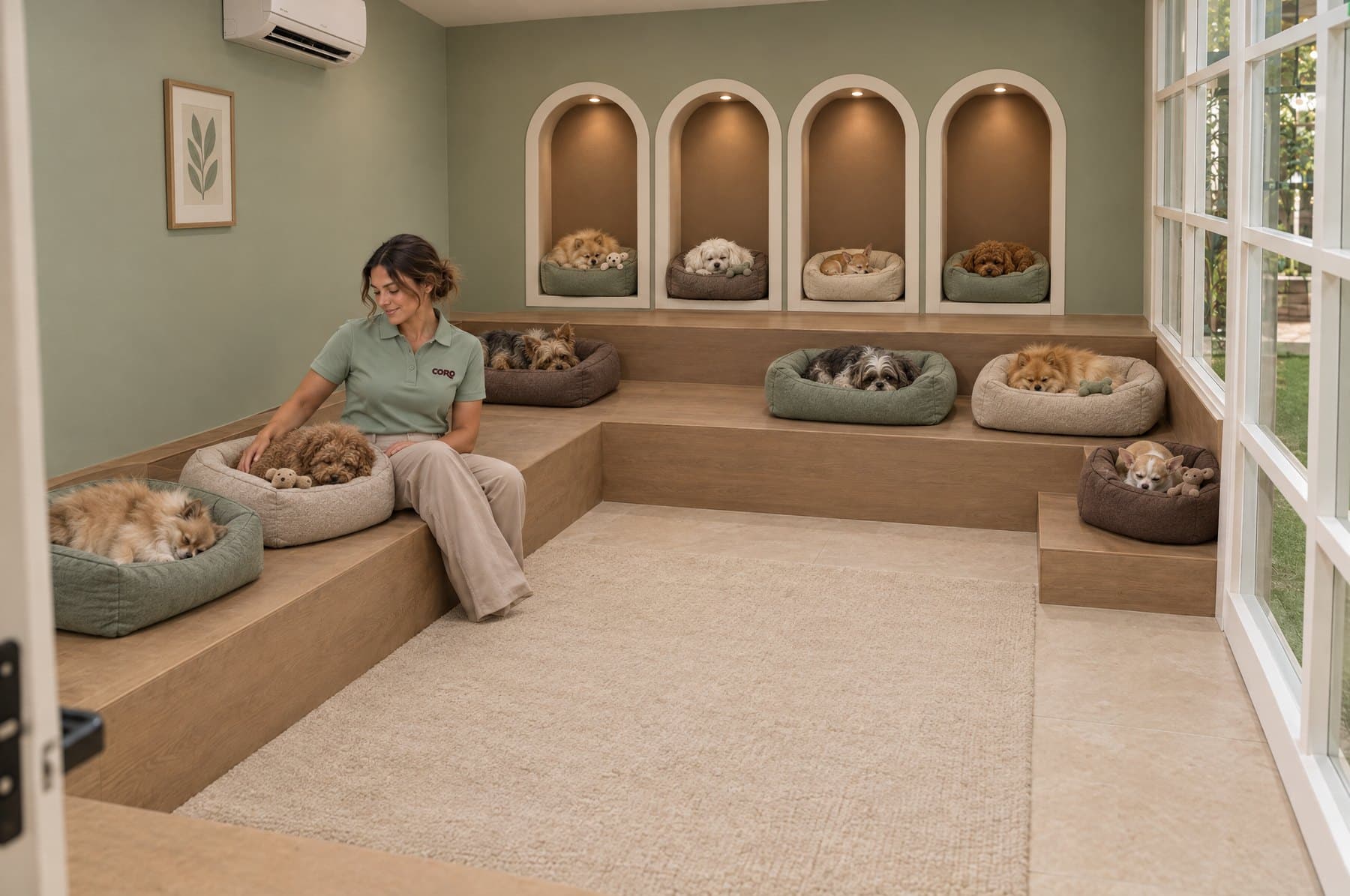 Small dogs asleep in their own beds in a sage lounge, with a handler sitting among them