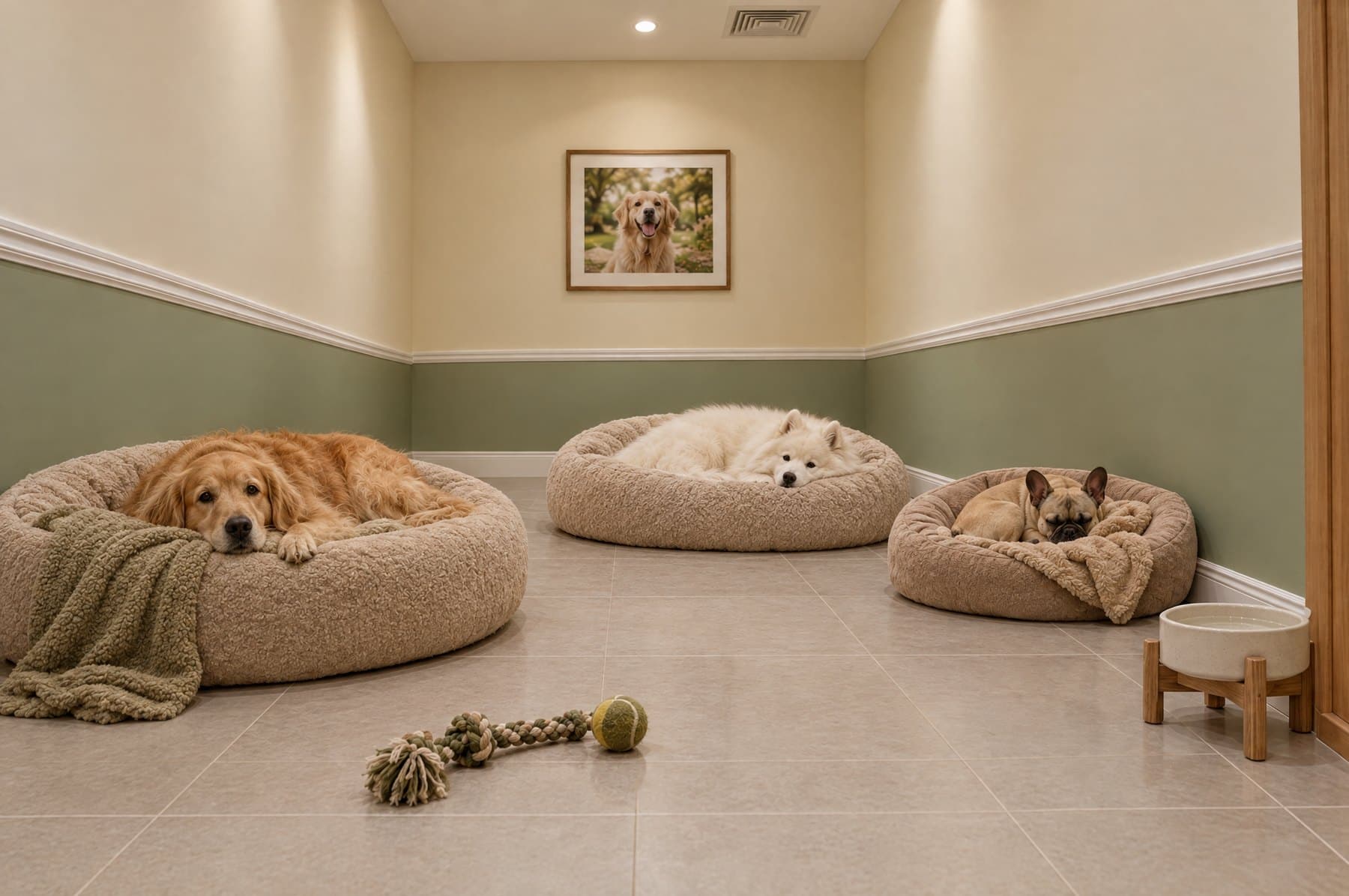 A golden retriever, a Samoyed and a French bulldog resting in the Presidential room