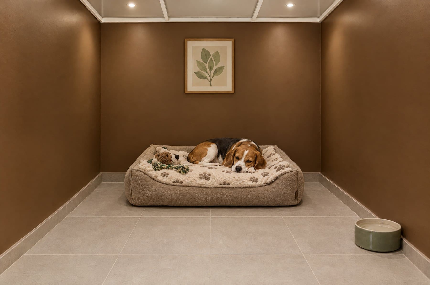 A beagle resting on its bed in a compact brown room