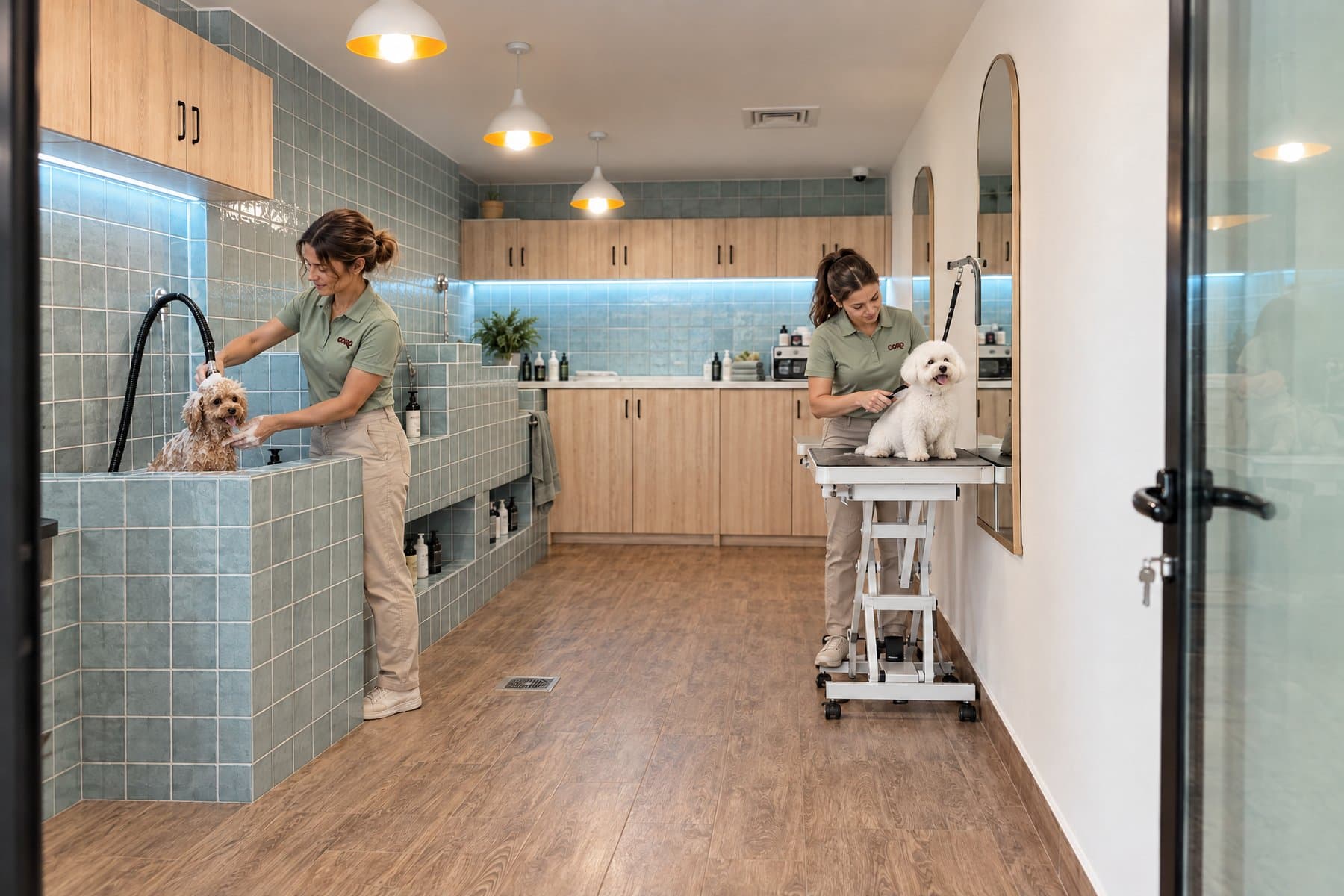 Groomers bathing a toy poodle and finishing a bichon in the Business Bay grooming room