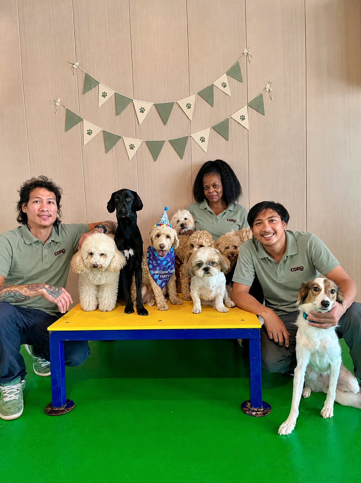 The Business Bay team in Coro polos with the dogs at a birthday celebration