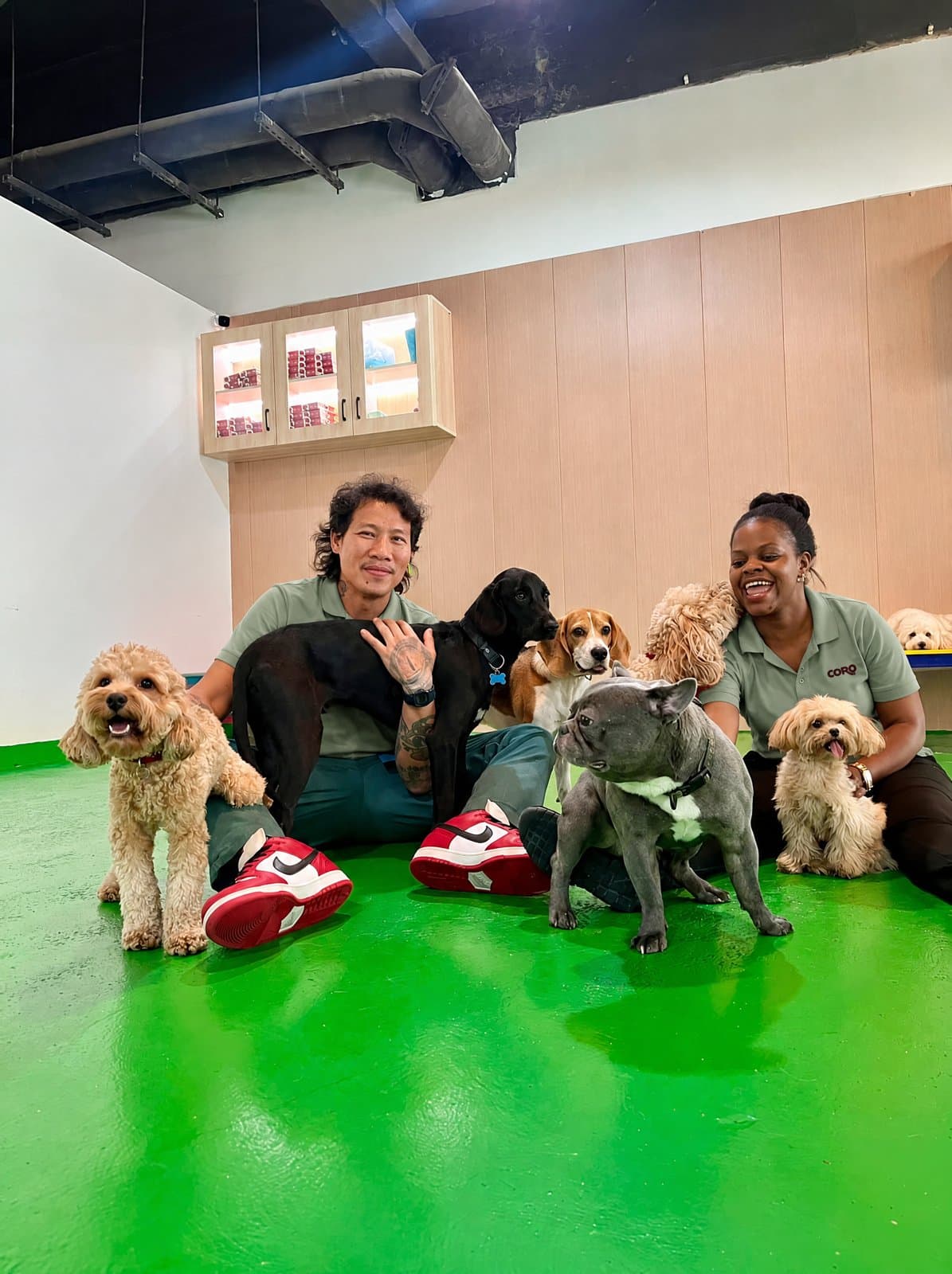 Two team members in Coro polos sitting on the play-room floor with small dogs