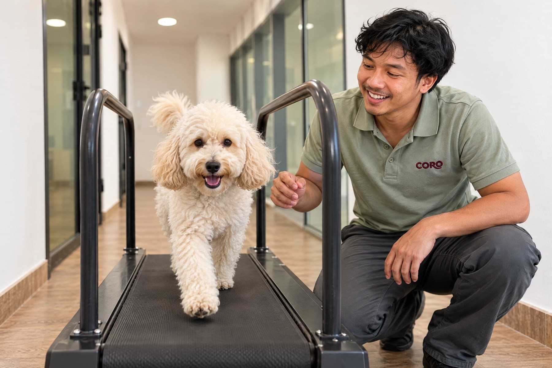 A team member encouraging a fluffy doodle trotting on the treadmill