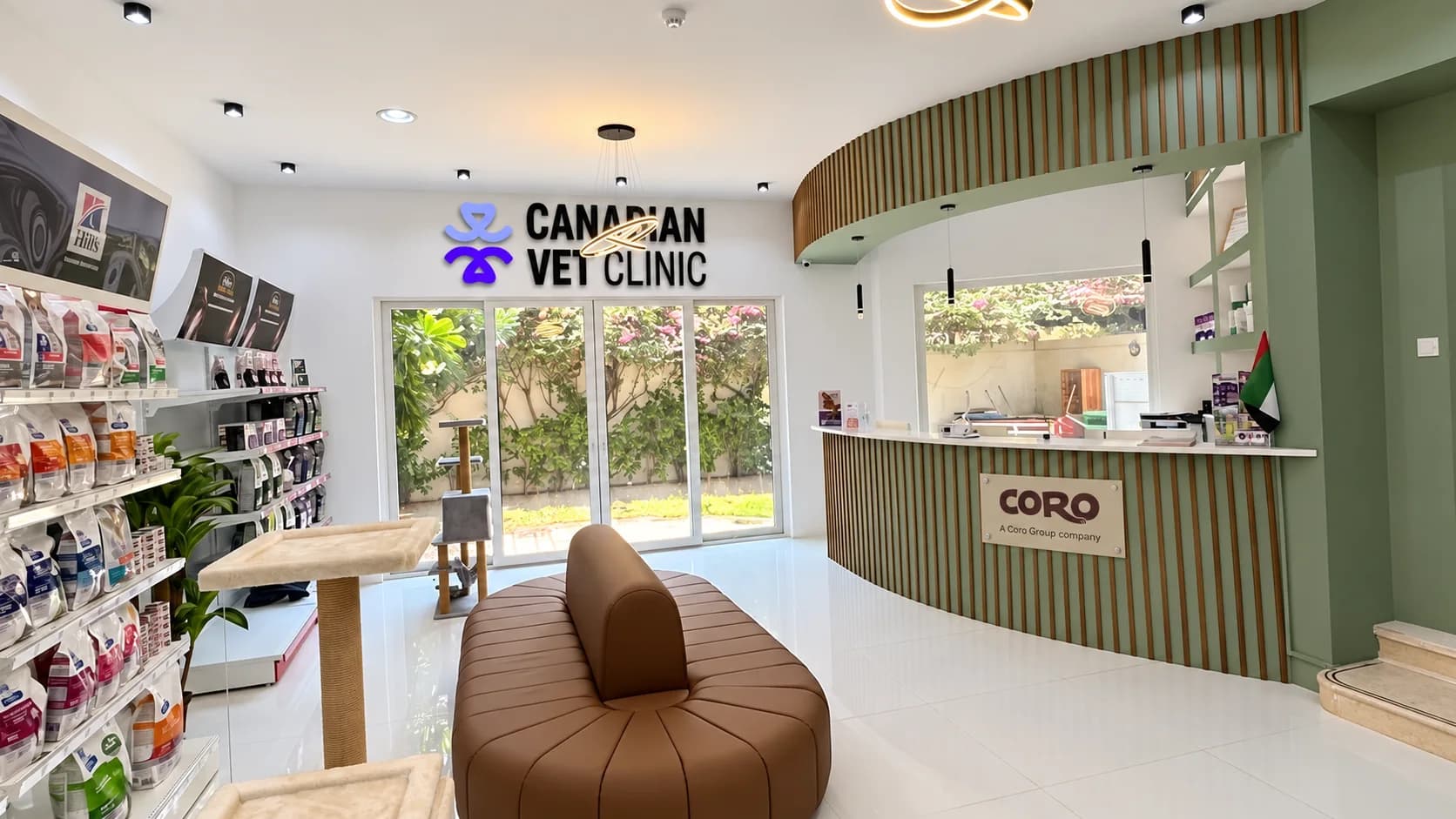 Canadian Vet Clinic reception at Al Wasl with a proposed Coro plaque on the counter