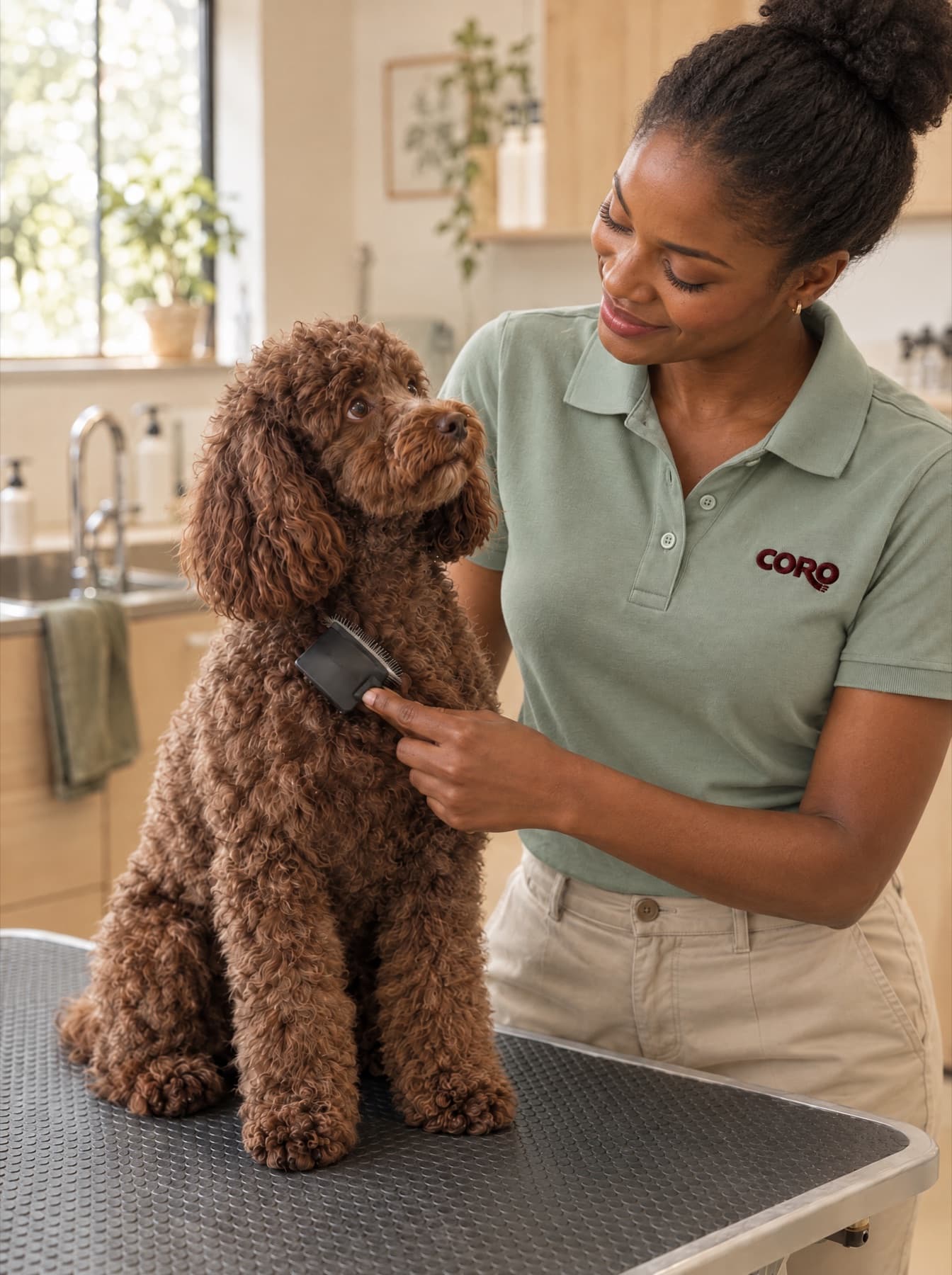 A groomer brushing a chocolate poodle
