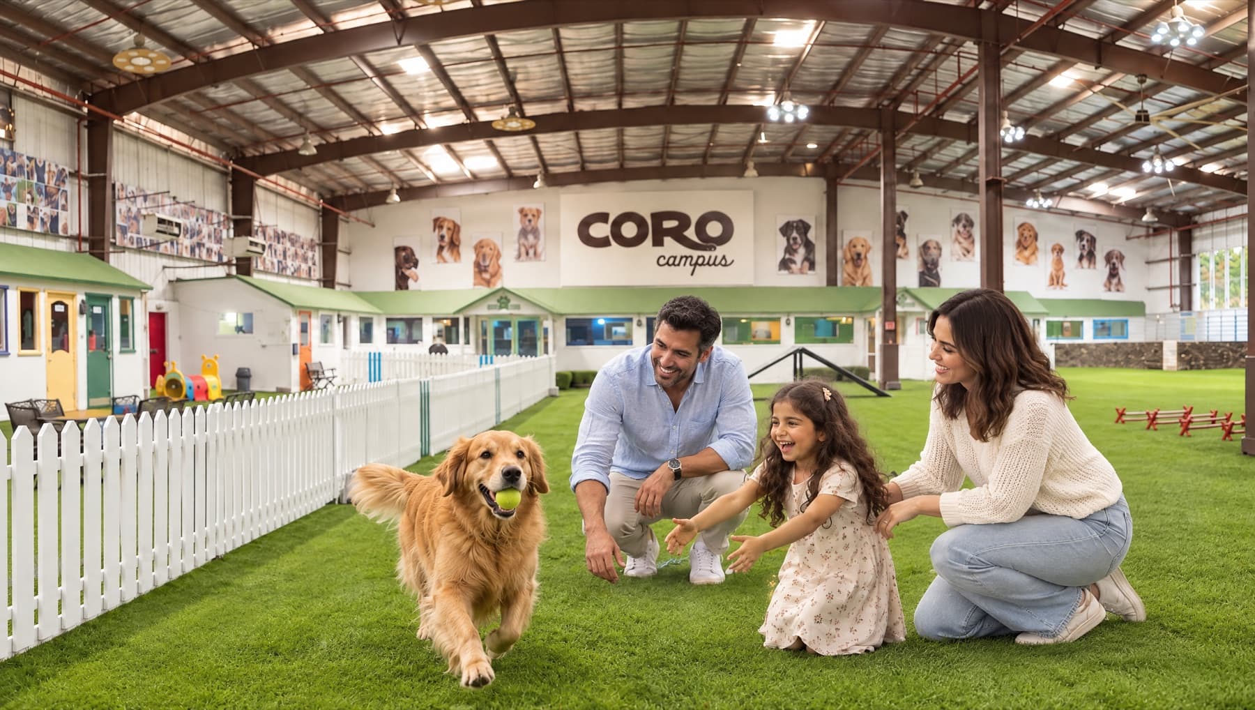 A family laughing as their golden retriever runs towards them with a ball