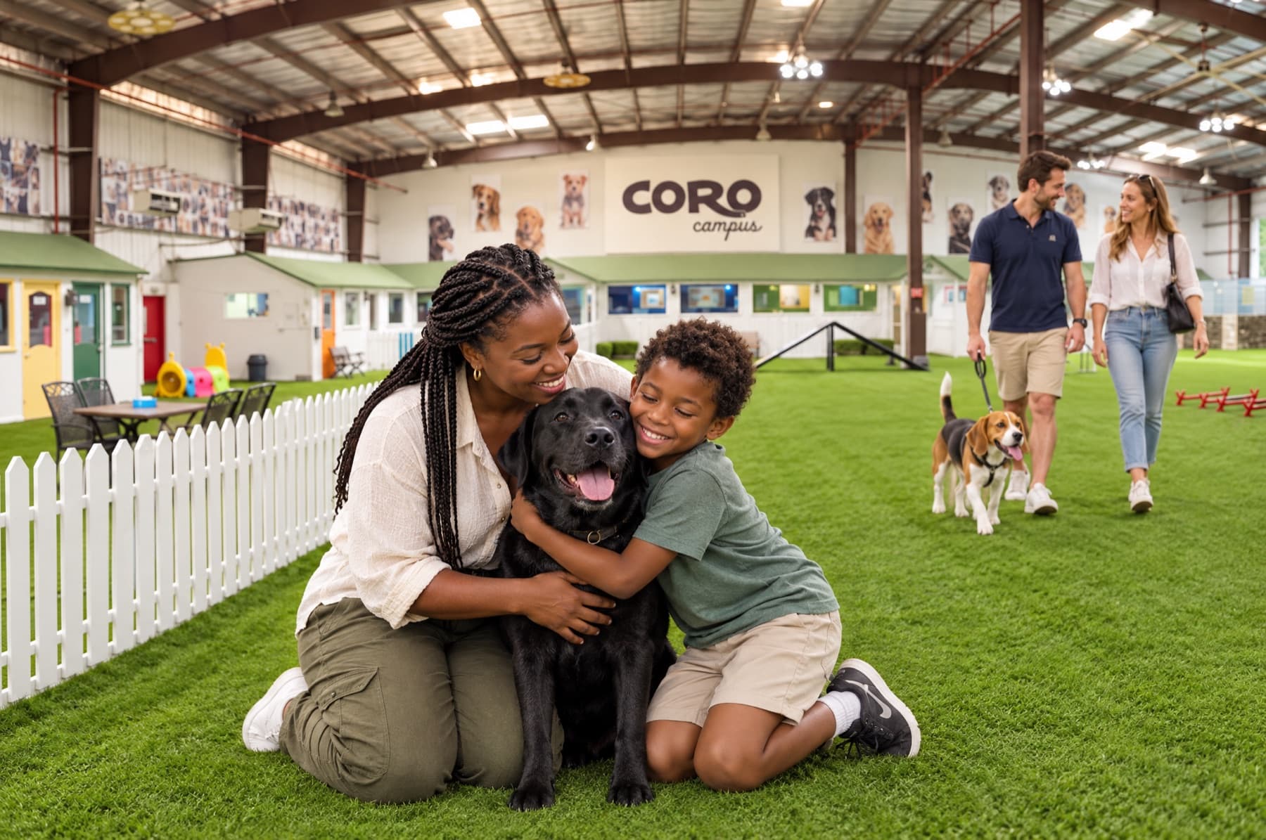 A mother and son hugging their black Labrador in the Coro indoor park