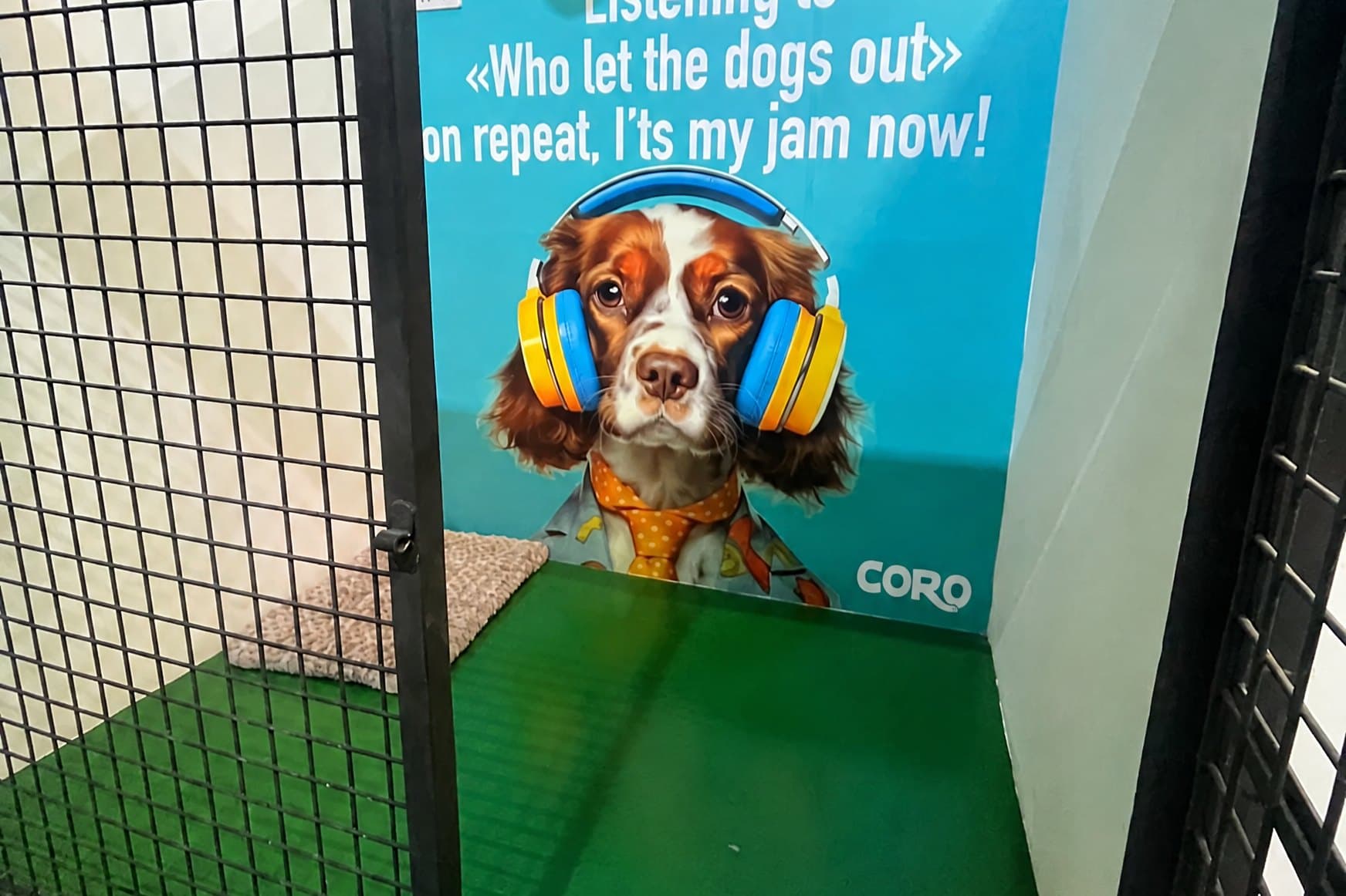 A Dog Academy room with a bed, a water bowl and a cheerful dog poster