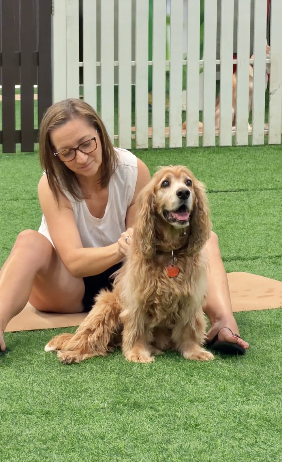 A woman sitting on a mat with her senior cocker spaniel