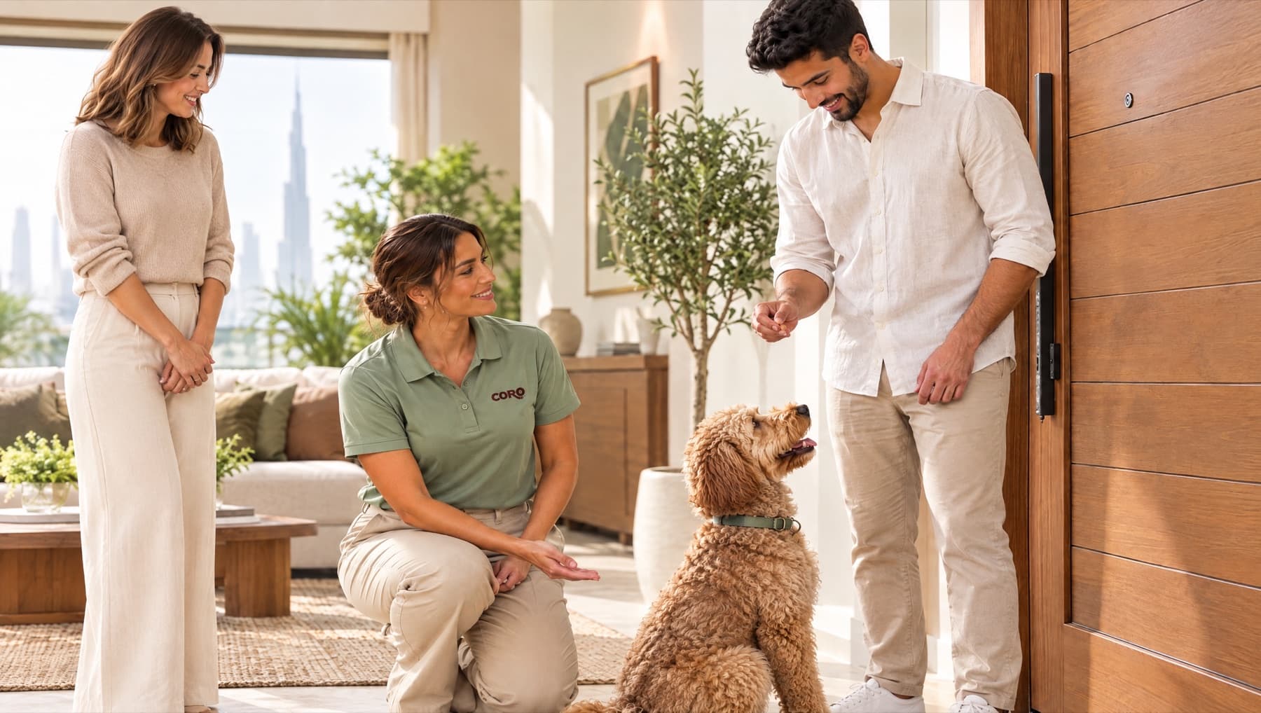 A trainer coaching a couple as their labradoodle sits by the front door