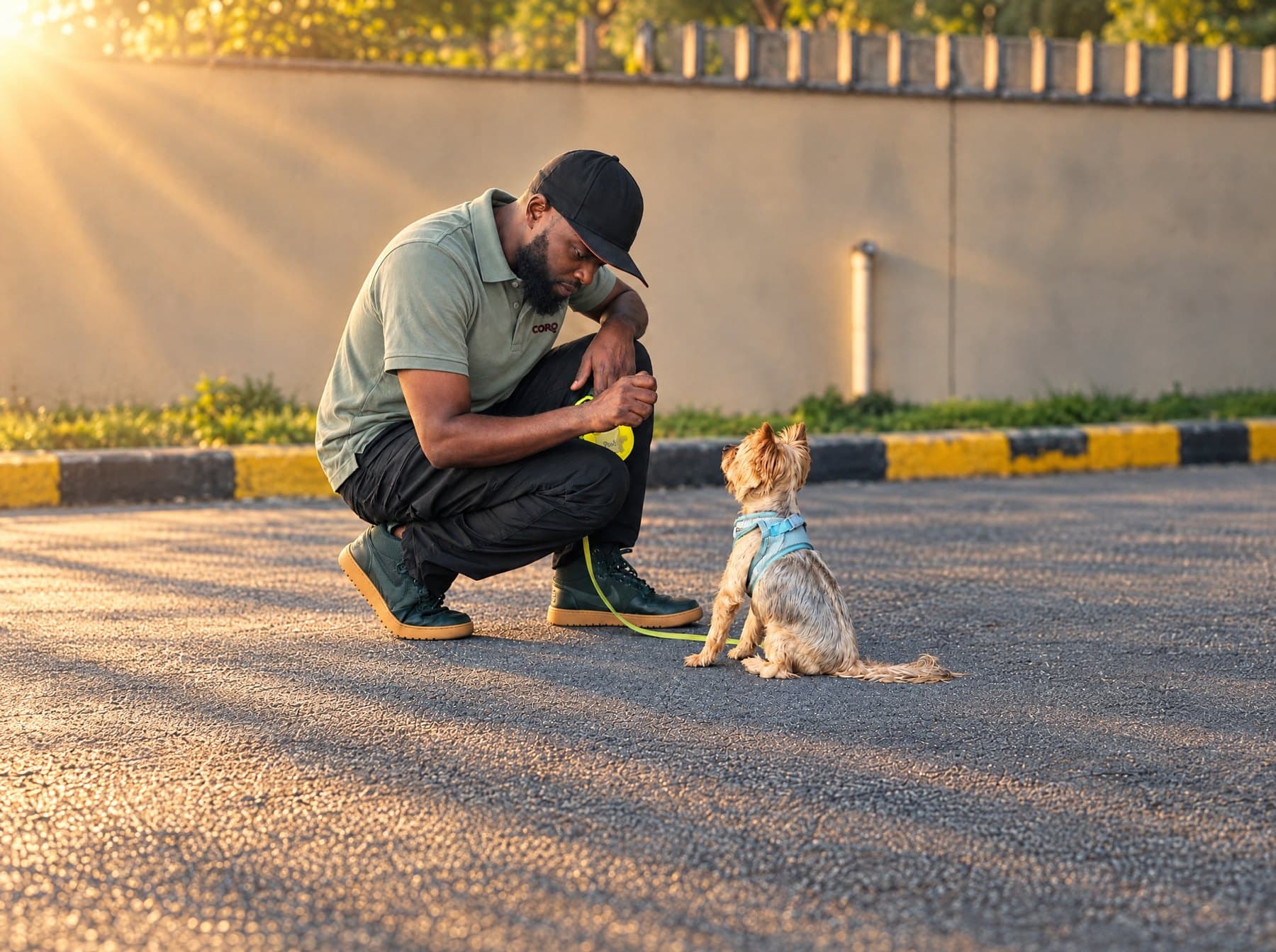 A trainer in the Coro polo crouching to reward a Yorkshire terrier on a lead