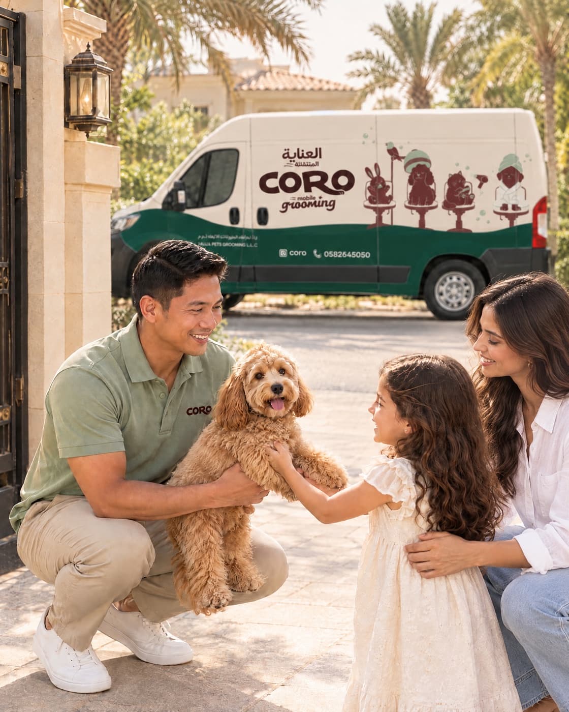 A Coro groomer handing a cockapoo back to a mother and daughter, the van behind them