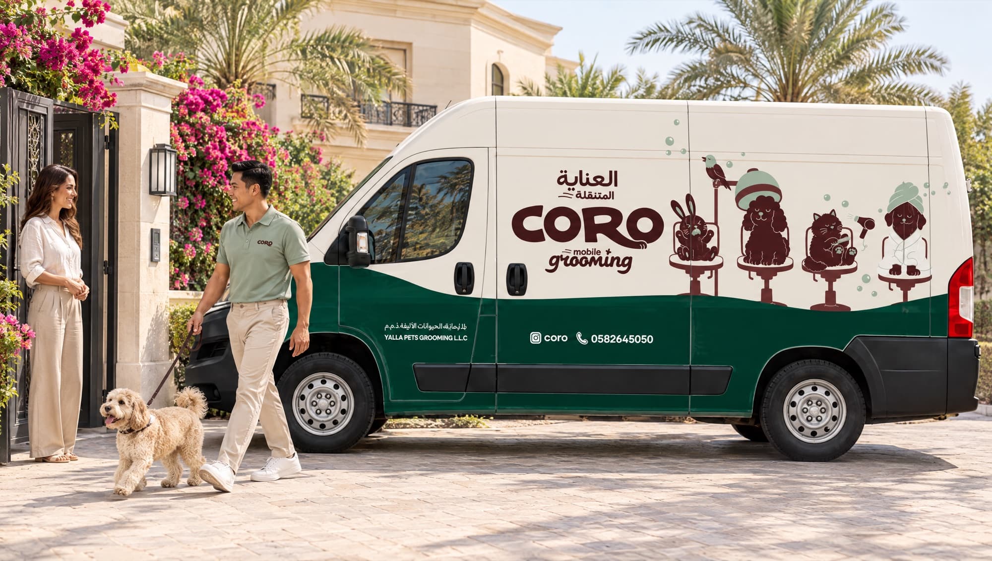 The Coro mobile grooming van outside a villa
