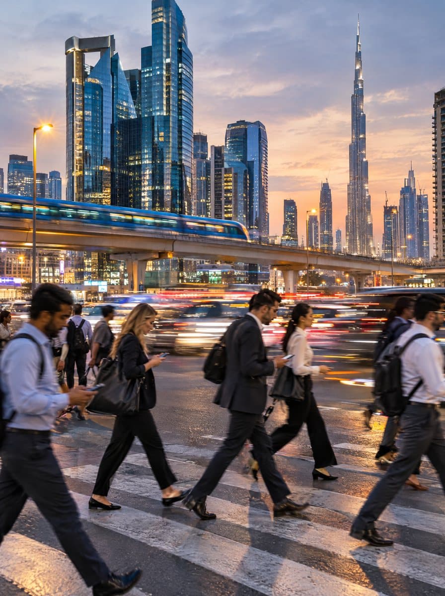 Commuters hurrying across a busy Dubai crossing as traffic and the metro rush past