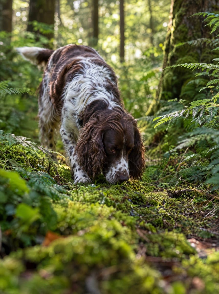A spaniel sniffing along a mossy path through green undergrowth