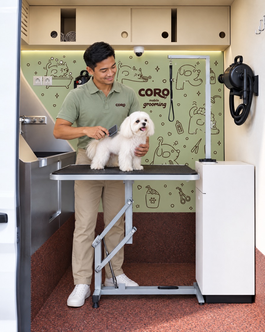 A Coro groomer brushing a Maltese inside the mobile grooming van